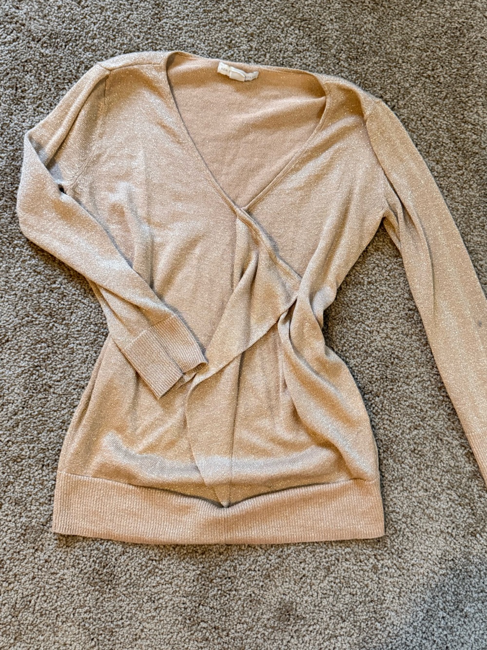 New York & Company Metallic Knit V-Neck Cardigan - Champagne Beige
